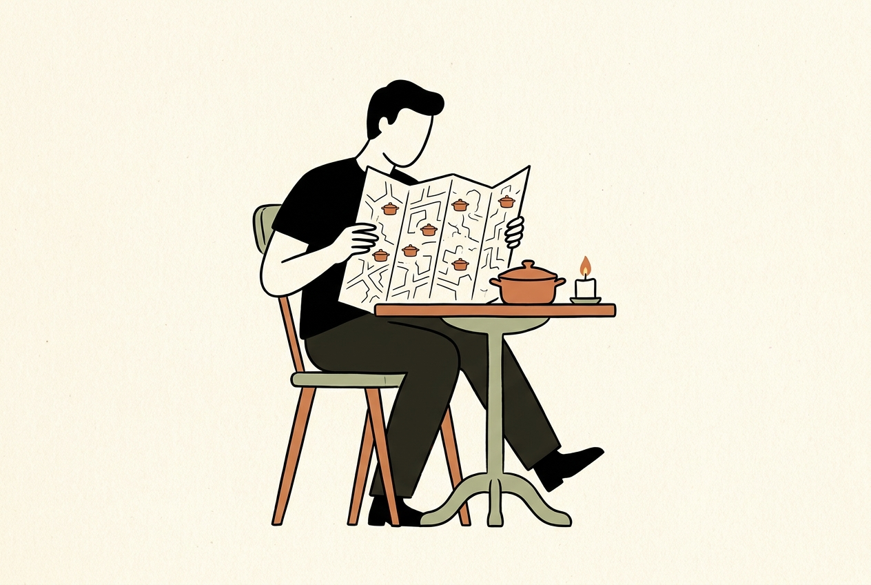 A figure seated at a small table reading a paper map of hidden cazuelas
