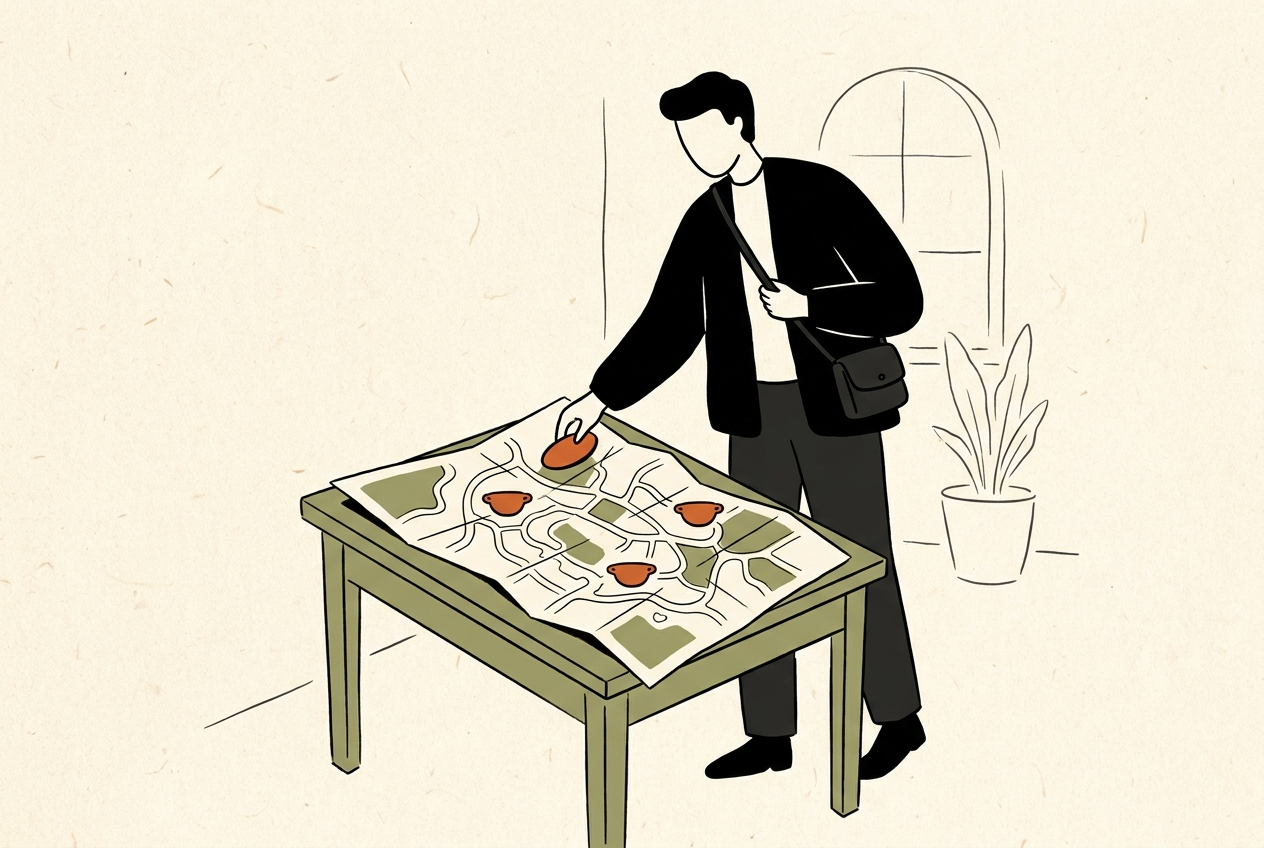 A figure standing at a small table placing a clay chip onto a paper city map