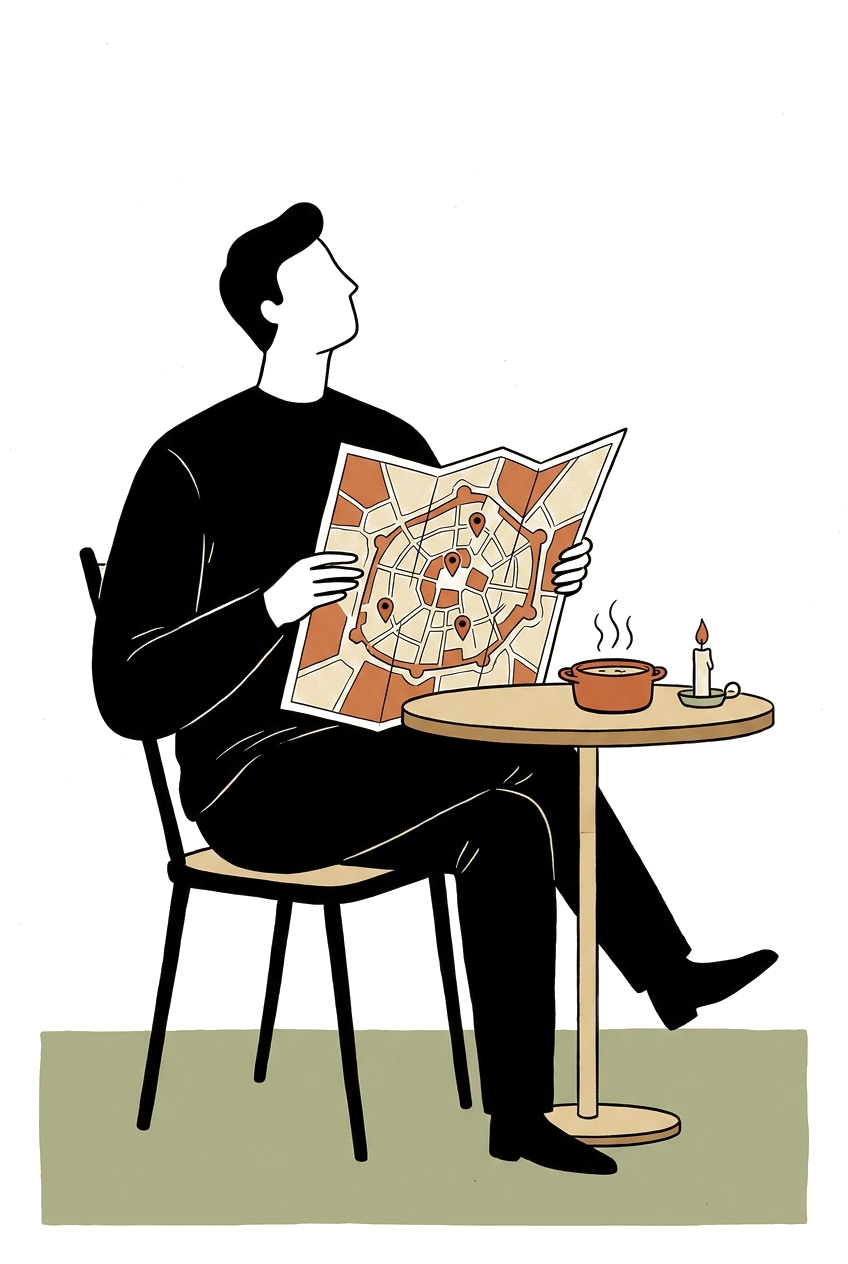 A figure seated absorbed in reading the city map of hidden cazuelas