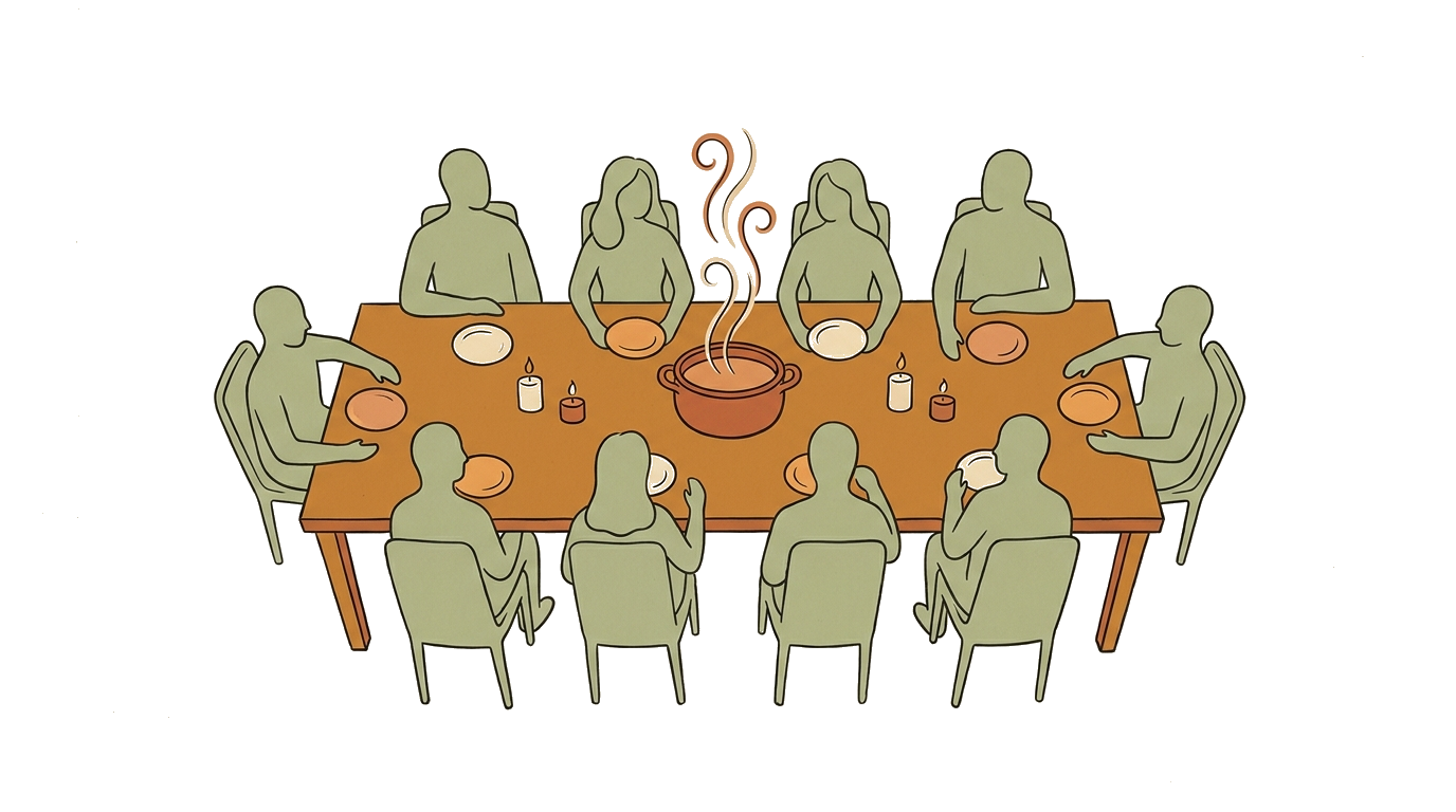 A long table seen from above, ten figures gathered around a single steaming cazuela