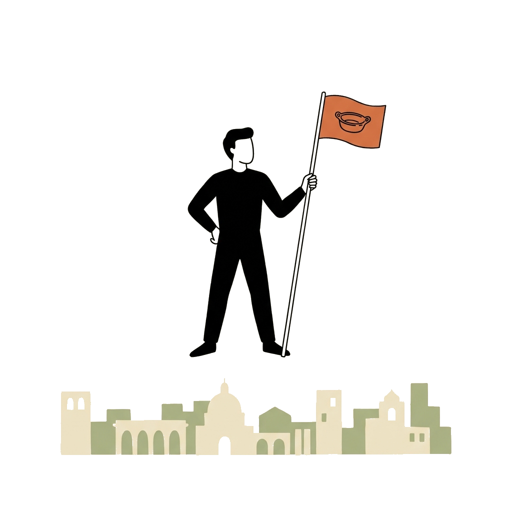 A figure holding a tall flagpole flying a small terracotta cazuela banner over a quiet city silhouette